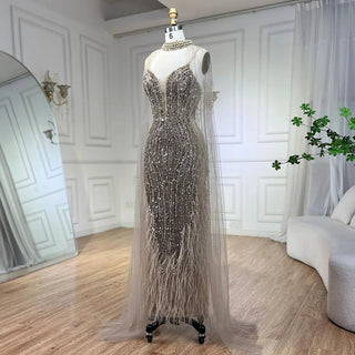 2024 White Nude Mermaid Wedding Party Dress: Beaded Feathers Luxury Cape Sleeves Prom Gown