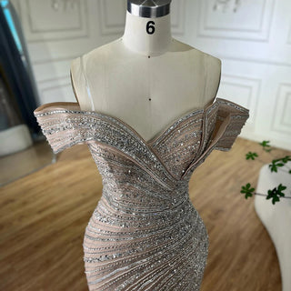 Ships in 2 to 5 Days - Silver Nude Mermaid Beaded Evening Dress with High Split – 2025 Customized Arabic Elegance