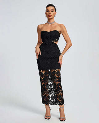 Ships in 1 to 3 Days -Elegant Black Strapless Lace Midi Dress with Sheer Detail