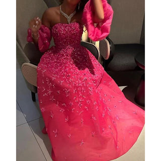 Fuchsia Elegant Strapless A-Line Evening Dress 2024 - Sparkly Puff Sleeves Crystal Beaded for Women's Party