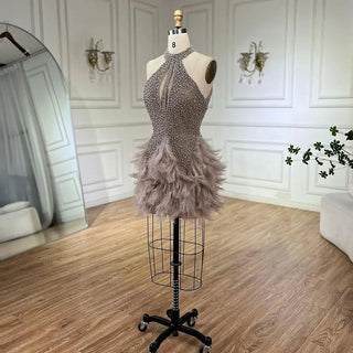 Brown Sleeveless Elegant Short Dresses Beaded Feathers Mermaid Cocktail Gowns 2024 For Women Party Couture