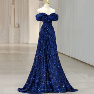 New Blue A-Line Prom Dress with Sequins and Off-Shoulder Design