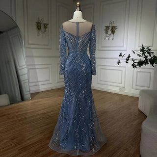 Dubai Arabian Blue Elegance: 2024 Mermaid Luxury Beaded Pearls Evening Gown - Elegant Dress for Women's Wedding Party