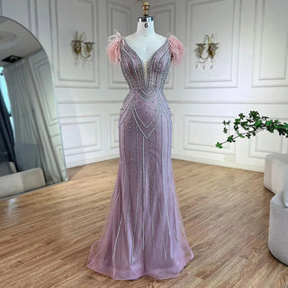 Luxury Dubai Blue Strapless Mermaid Evening Dresses Gowns with Pearls and Feathers Beaded for Women Wedding Party