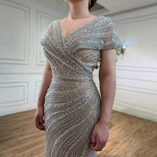 Ships in 1 to 3 Days - Silver Mermaid Elegant Evening Dress - Beaded Luxury Sparkle Gown for Women's Party 2024