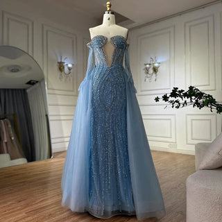 Blue Mermaid Evening Gown with Gloves and Detachable Overskirt – 2025 Custom Arabia Design