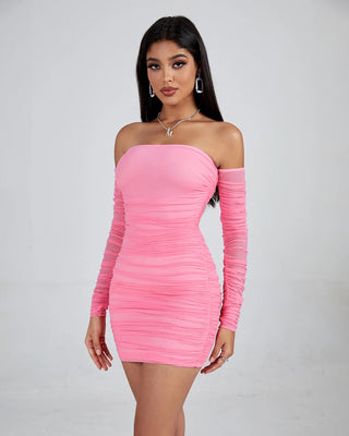 Sexy Off-Shoulder Strapless Open Back Long Sleeve Ruched Mini Dress for Women - Party Club Dress