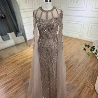 Ships in 1 to 3 Days - 2024 Arabic Caramel Mermaid Evening Dress with Beaded Elegant Cape Sleeves Gown for Women's Wedding Party