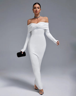 Elegant Off-The-Shoulder Long Sleeve Bodycon Evening Dress - Para Mujeres