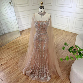 Ships in 1 to 3 Days - 2024 Nude Beaded Spaghetti Strap Mermaid Evening Gown with Long Cape for Formal Occasions