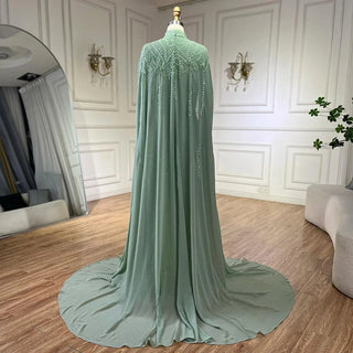 Ships in 1 to 3 Days - 2024 Muslim Sage Green Mermaid Cape Sleeves Beaded Satin Luxury Evening Dresses Gowns for Women Party