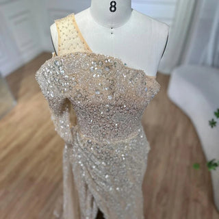 2024 Nude One-Shoulder Split Beaded Dubai Luxury Mermaid Evening Dress - Gown for Women's Wedding Party