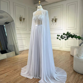 Arabic White Beaded Lace Mermaid Gown with Detachable Long Cape | Evening Dress for Women Wedding Party 2024