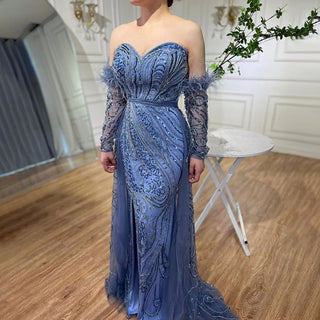 Chic Arabic Luxury Nude Mermaid Evening Dress with High Split, Beaded Feathers - Long 2024 Gown for Women's Wedding Party