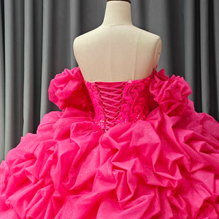 Shiny Fuchsia Off-Shoulder Puffy Evening Party Gown