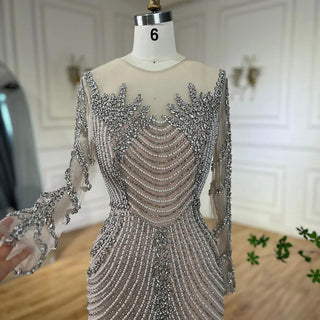 Luxury Crystal Pearls Dubai Nude Evening Dress - Long Sleeves Formal Prom Party Gown for Women's Wedding