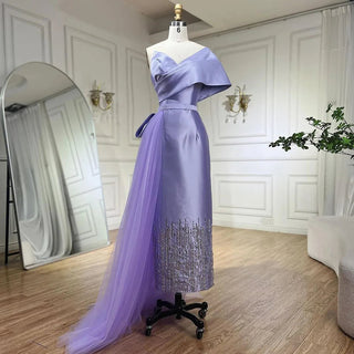 Lilac Satin Mermaid Evening Gown 2024: One-Shoulder Beaded Tea-Length for Women's Wedding Party