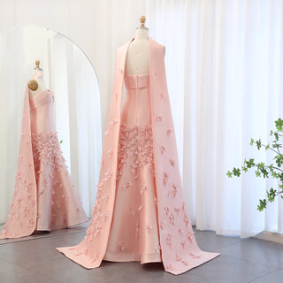 Luxury 3D Leaves Blush Pink Satin Mermaid Evening Dress with Cape - Dubai Arabic Women Wedding Prom Party Gown