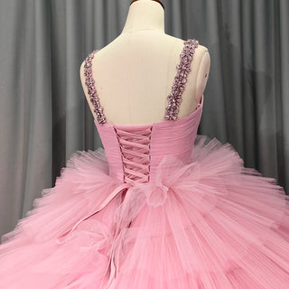 Tiered Pink Tulle Ball Gown - V-Neck Pleated Evening Dress with Crystal Beadings