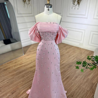 Ships in 1 to 3 Days - 2024 Arabic Luxury Crystal Beaded Mermaid Pink Satin Long Evening Dresses Gowns for Women's Wedding Party