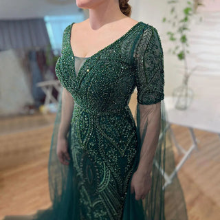 Emerald Elegance: 2024 Luxury Evening Dresses with Cape Sleeves in Rose Gold and Gray