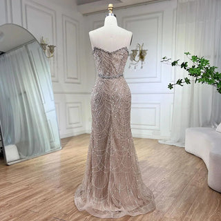 Nude Strapless Mermaid Luxury Evening Dress - Beaded Arabic Design for Women's Wedding Party