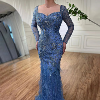 Arabic Blue Mermaid Elegant Feather Beaded Evening Dress: Sophisticated Gown for Women's Party 2024