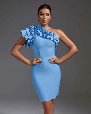 Vestidos De Noche Cut-Out Ruffle Neck One-Shoulder Mini Bandage Dress - Light Blue Bodycon Short Evening Dress