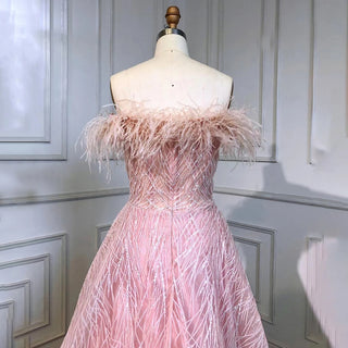 Arabic Pink A-Line Sexy Boat Neck Feather Beaded Luxury Evening Dress 2024 - For Women's Wedding Party