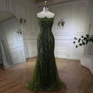 Dubai Arabian Green Luxury Evening Gown 2024 - Strapless Mermaid Dress with Gloves for Women's Wedding Parties