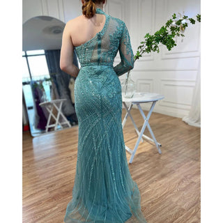 One-Shoulder Beaded Turquoise Mermaid Evening Dress for Women's Wedding Party