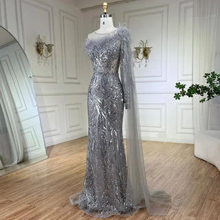 Arabic Silver Gray One-Shoulder Mermaid Evening Gown with Long Cloak - Beaded Elegance for Women's Wedding Party 2024