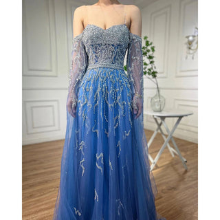 Ships in 1 to 3 Days - Blue A-Line Off-Shoulder Cape Sleeves Evening Dress 2024 - Beaded Luxury Gown for Women's Arabic Party