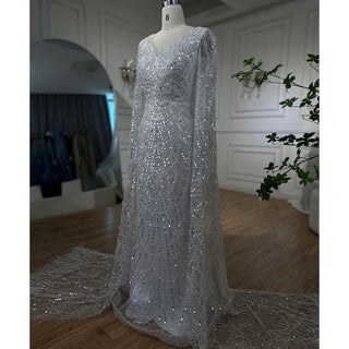 White Luxury Pearls Beaded Mermaid Evening Dress 2024 with Cape Sleeves - Ideal for Women's Wedding Party