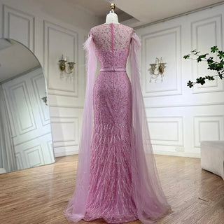 Ships in 1 to 3 Days - 2024 Pink Cape Sleeves Dubai Evening Gown Mermaid with Side Skirt and Feather Beaded Dress for Women's Party