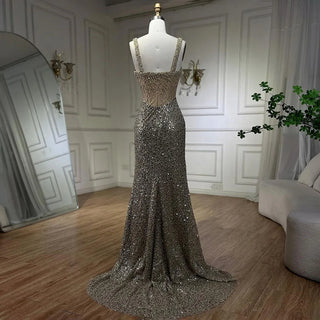 Beige Mermaid Floor-Length Evening Gown - Luxury Beaded Crystal Spaghetti Strap Party Dress for Women (2024)