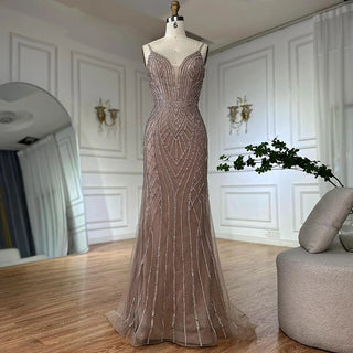 Ships in 2 to 5 Days - 2025 Customized Saudi Caramel Mermaid Arabic Evening Dress with Beaded Cape Sleeves for Formal Occasions