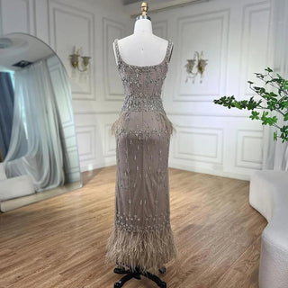 Caramel Mermaid Ankle-Length Evening Dress: 2024 Luxury Beaded Feather Gown for Women's Wedding Party