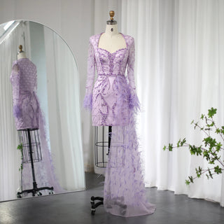 Custom-Made Feathered Dubai Short Evening Dress with Overskirt - Arabic Blue Lilac Mini Cocktail & Prom Dress