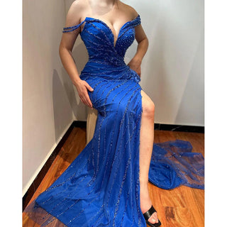 Blue Mermaid Split Evening Gown 2024 - Elegant Luxury Beaded Dress for Women's Party