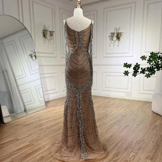 Ships in 1 to 3 Days - Luxury Crystal Tassel Dubai Caramel Evening Dress - Spaghetti Strap Formal Prom Party Gown for Women's Wedding