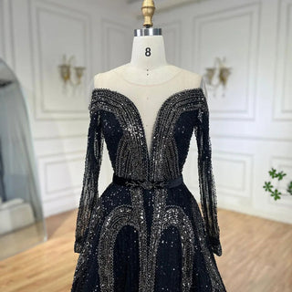 Elegant Arabic Black A-Line Evening Gown with Shiny Beaded Detailing For Women’s Wedding Party 2024