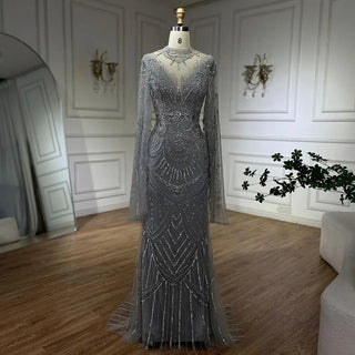 Ships in 1 to 3 Days - Dubai Gray Elegant Mermaid Lace Evening Dress - Luxurious Beaded Arabic Style for Women's Wedding Party 2024