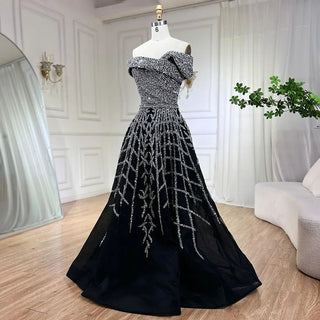 2024 Elegant Black Beaded A-Line Evening Gown: Off-Shoulder Luxury Dress for Women - Long Party Dress