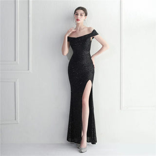 Slash Neck Black Sequin Evening Dress with Sexy Slit - Luxury Sleeveless Cocktail Party Prom Dress