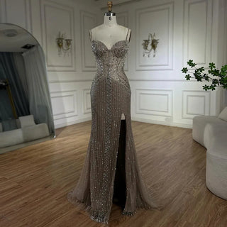 Arabic Nude High-Slit Spaghetti Strap Beaded Mermaid Evening Gown for Women - Wedding Party 2024