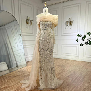 Luxury Nude Mermaid Evening Gown with Overskirt - Beaded Pearls for Women's Wedding Party 2024