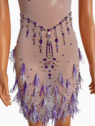 Elegant Lavender Feather and Sequin Embellished Sheer Mini Dress