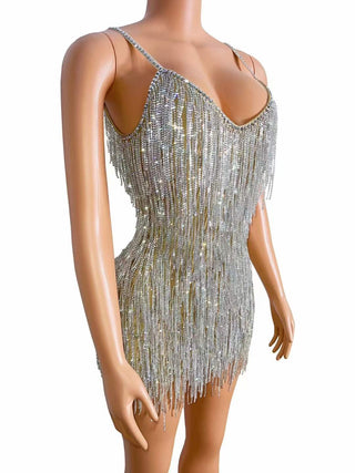 Dazzling Silver Fringe Spaghetti Strap Mini Dress