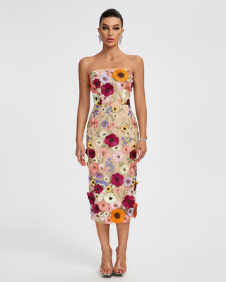 Ships in 1 to 3 Days - Strapless Sheer Midi Dress with Intricate Floral Embroidery